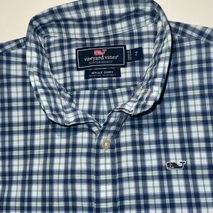 Vineyard Vines boys white and blue plaid button down Whale Shirt